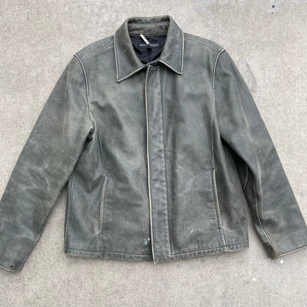 Vintage Kenneth Cole New York Mens L Distressed Gray Leather Jacket Full Zip Y2K